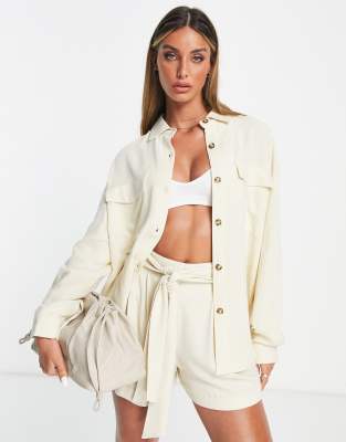 Asos Design Linen Suit Shacket In Cream-white In White