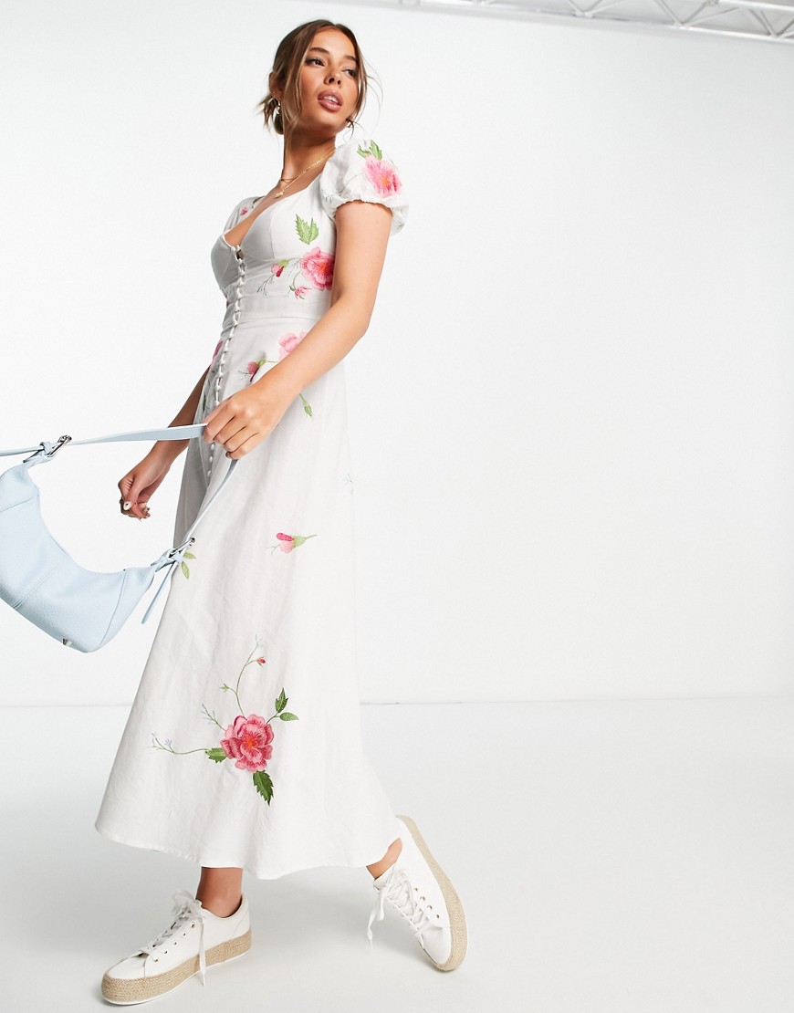 ASOS DESIGN linen sweetheart button through midi tea dress with all over embroidery in white