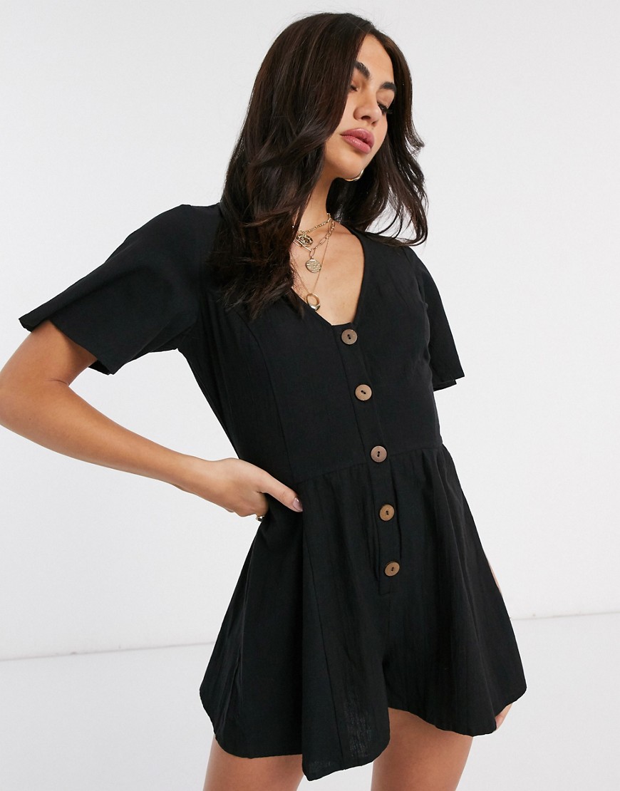 ASOS DESIGN linen swing playsuit with frill sleeve in black