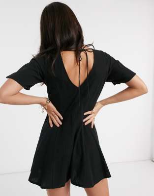 black frill sleeve tie back playsuit