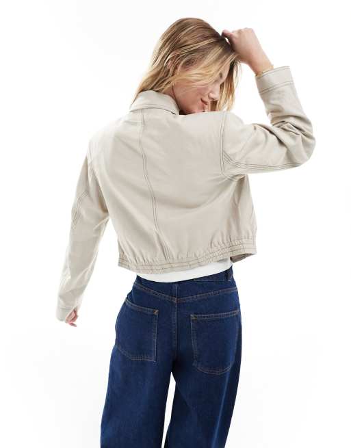ASOS DESIGN linen tailored bomber jacket with collar in stone, 3 of 4