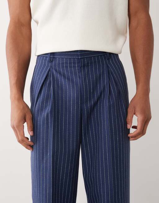 ASOS DESIGN linen tailored pleated wide leg pants in navy pinstripe, 4 of 5