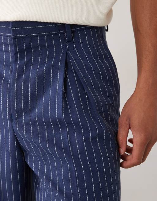ASOS DESIGN linen tailored pleated wide leg pants in navy pinstripe, 5 of 5