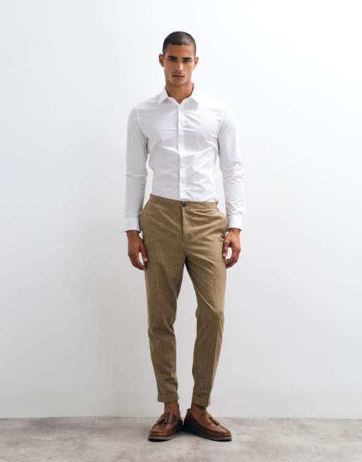ASOS DESIGN linen tailored tapered pants in brown pinstripe with elasticated waist, 2 of 5