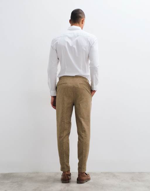 ASOS DESIGN linen tailored tapered pants in brown pinstripe with elasticated waist, 3 of 5