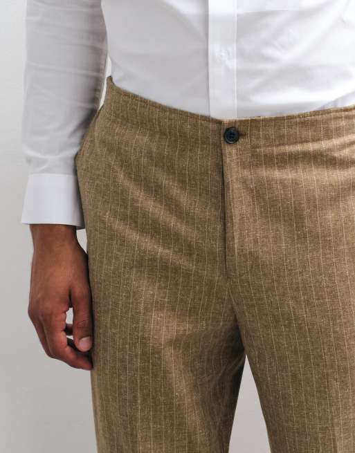 ASOS DESIGN linen tailored tapered pants in brown pinstripe with elasticated waist, 4 of 5