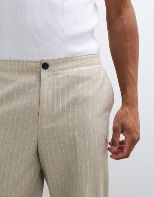 ASOS DESIGN linen tailored tapered pants in stone pinstripe with elasticated waist, 2 of 5