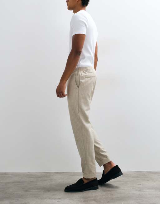 ASOS DESIGN linen tailored tapered pants in stone pinstripe with elasticated waist, 3 of 5