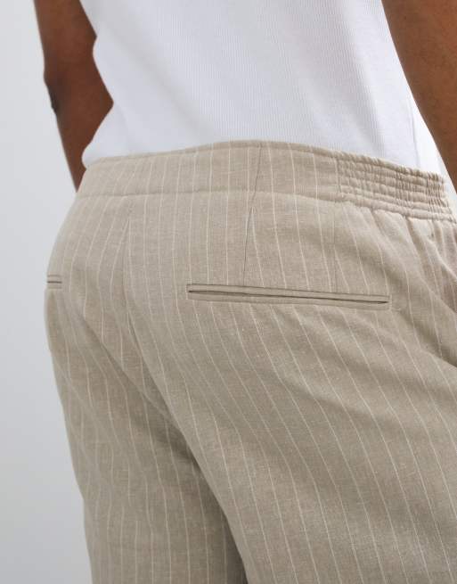 ASOS DESIGN linen tailored tapered pants in stone pinstripe with elasticated waist, 4 of 5