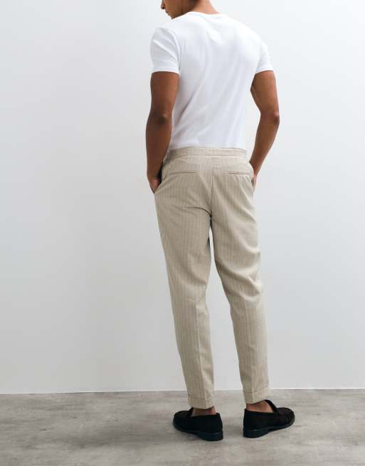 ASOS DESIGN linen tailored tapered pants in stone pinstripe with elasticated waist, 5 of 5