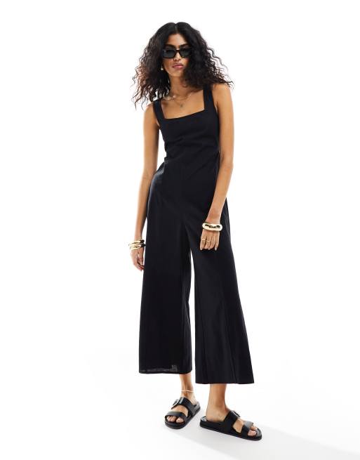 ASOS DESIGN linen tie back cropped jumpsuit in black | ASOS