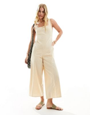 ASOS DESIGN linen tie back cropped jumpsuit in stone