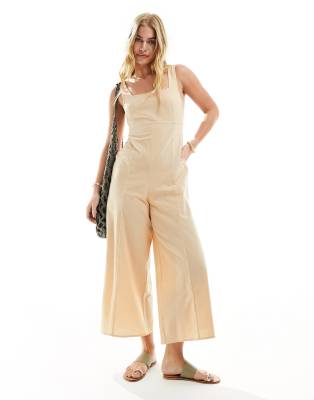 ASOS DESIGN linen tie back cropped jumpsuit in stone-Neutral