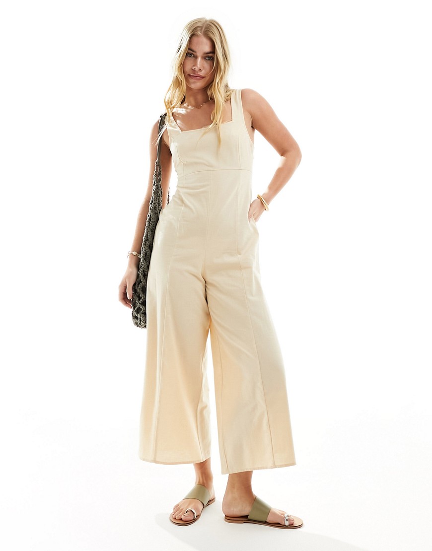 ASOS DESIGN linen tie back cropped jumpsuit in stone-Neutral