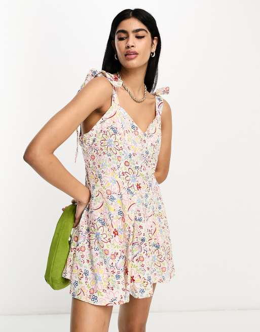 ASOS DESIGN linen tie cross strap swing mini sundress with godets in ditsy floral , 2 of 4