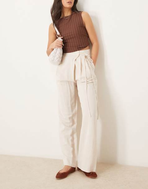 ASOS DESIGN linen tie front wide leg trousers in stone - view 1