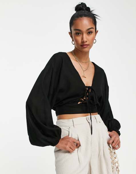 ASOS DESIGN linen top with lace up front & volume sleeve in black - view 1