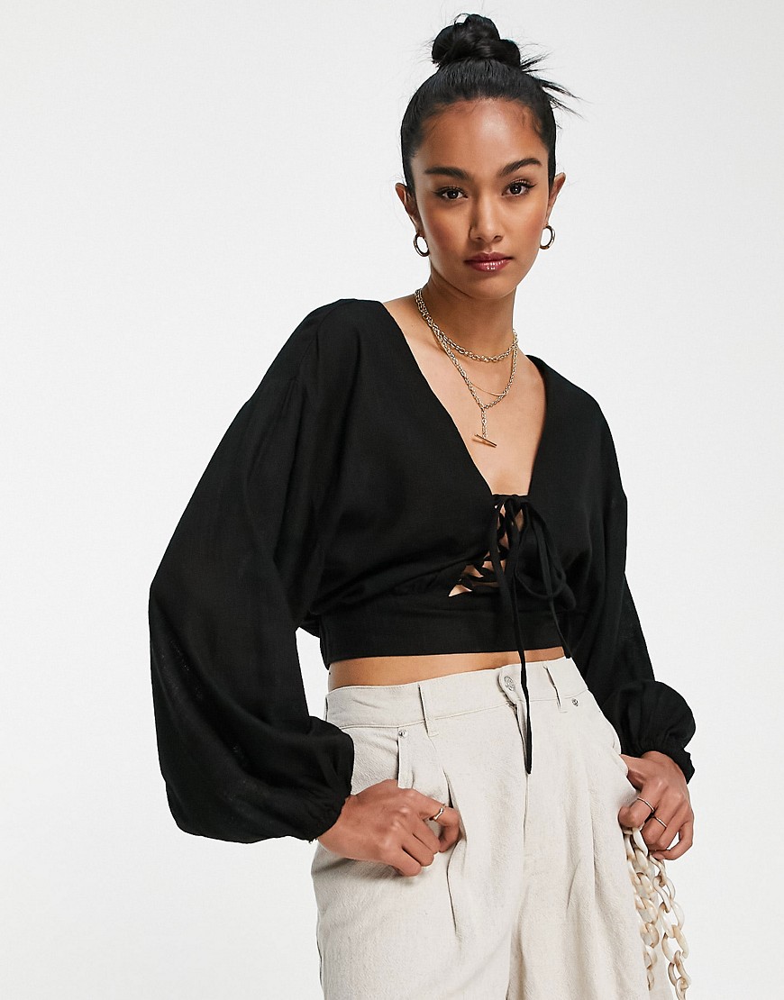 ASOS DESIGN linen top with lace up front & volume sleeve in black