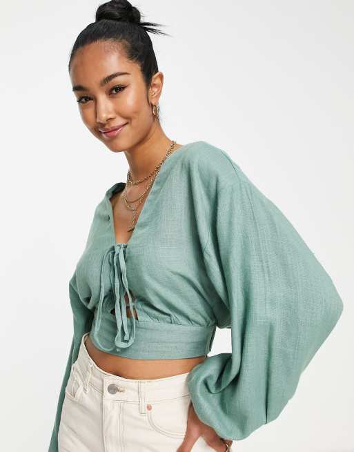 ASOS DESIGN linen top with lace up front volume sleeve in khaki