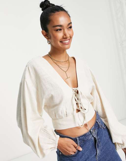 ASOS DESIGN linen top with lace up front & volume sleeve in oatmeal