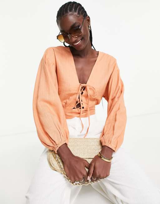 ASOS DESIGN linen top with lace up front volume sleeve in peach