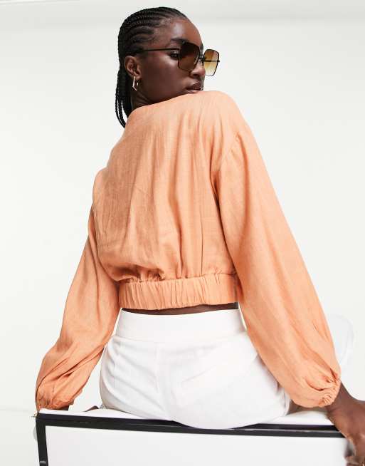 ASOS DESIGN linen top with lace up front & volume sleeve in peach