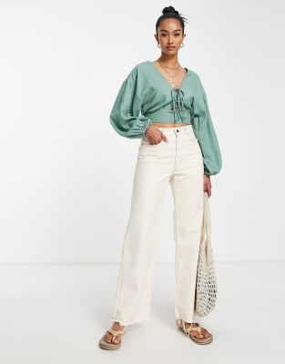 ASOS DESIGN linen top with lace up front & volume sleeve in oatmeal