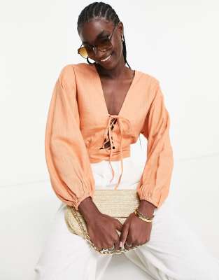 Asos Design Linen Top With Lace-up Front & Volume Sleeves In Orange