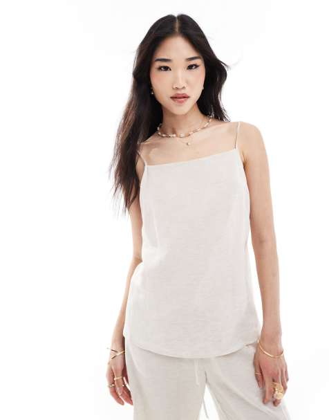 ASOS DESIGN linen top with low back and square neck in ecru - view 1