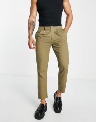 ASOS DESIGN linen trousers in cigarette fit in brown