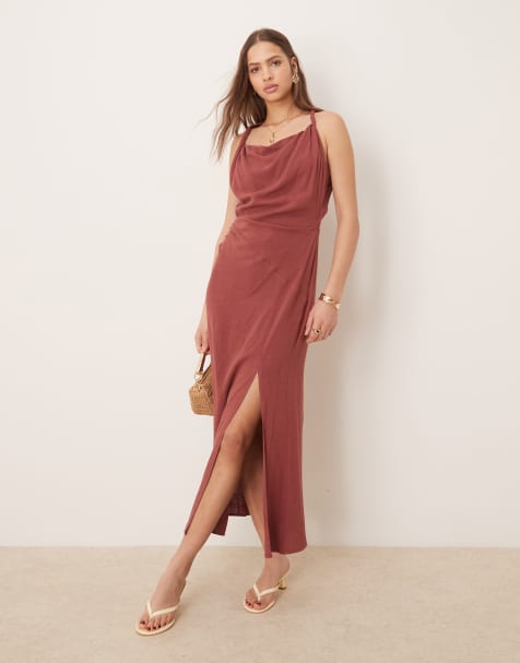 ASOS DESIGN linen twist shoulder detail midi dress with ruching in apple butter - view 1
