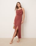 [ASOS DESIGN] ASOS DESIGN linen twist shoulder detail midi dress with ruching in apple butter-Red 14 Apple butter