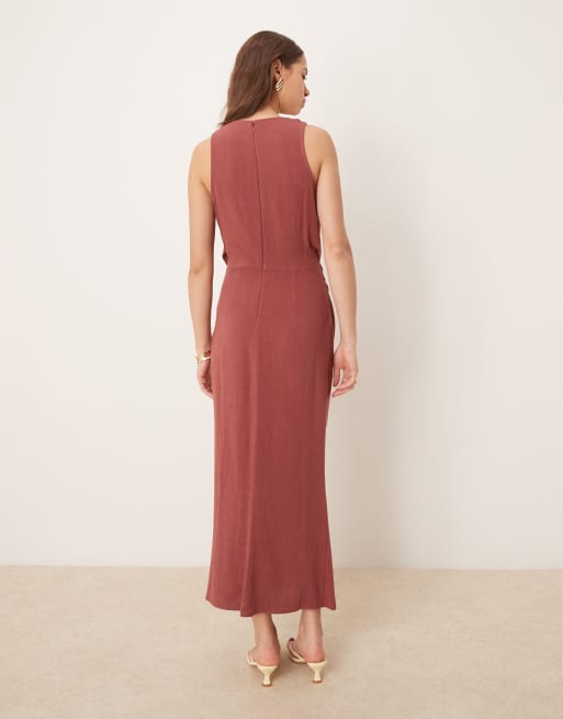 ASOS DESIGN linen twist shoulder detail midi dress with ruching in apple butter, 2 of 4