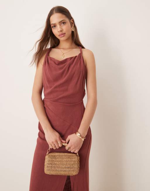 ASOS DESIGN linen twist shoulder detail midi dress with ruching in apple butter, 3 of 4