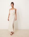 [ASOS DESIGN] ASOS DESIGN linen twist shoulder detail midi dress with ruching in oat-Yellow 16 Oat