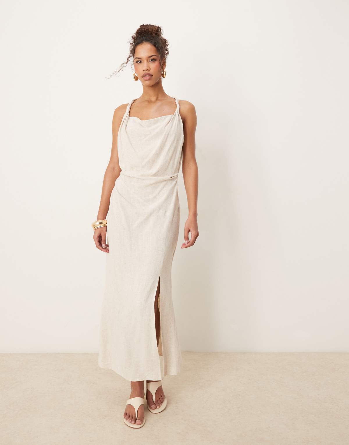 ASOS DESIGN linen twist shoulder detail midi dress with ruching in oat