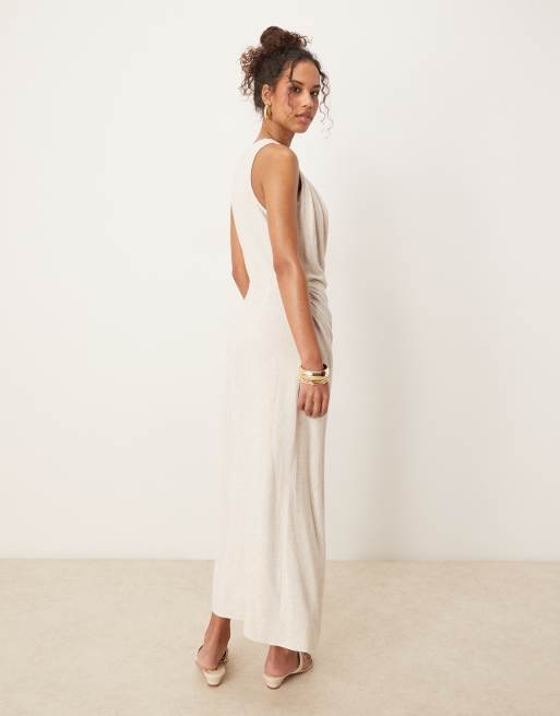ASOS DESIGN linen twist shoulder detail midi dress with ruching in oat, 2 of 4