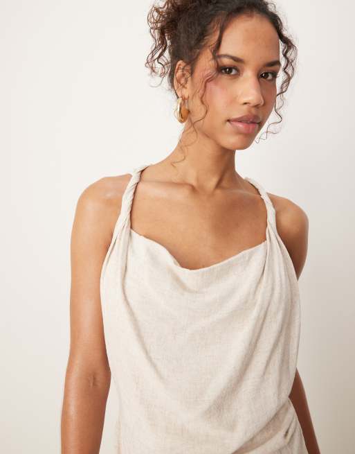 ASOS DESIGN linen twist shoulder detail midi dress with ruching in oat, 4 of 4