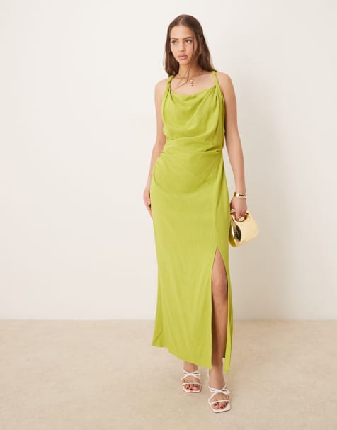 ASOS DESIGN linen twist shoulder detail midi dress with ruching in pale green - view 1