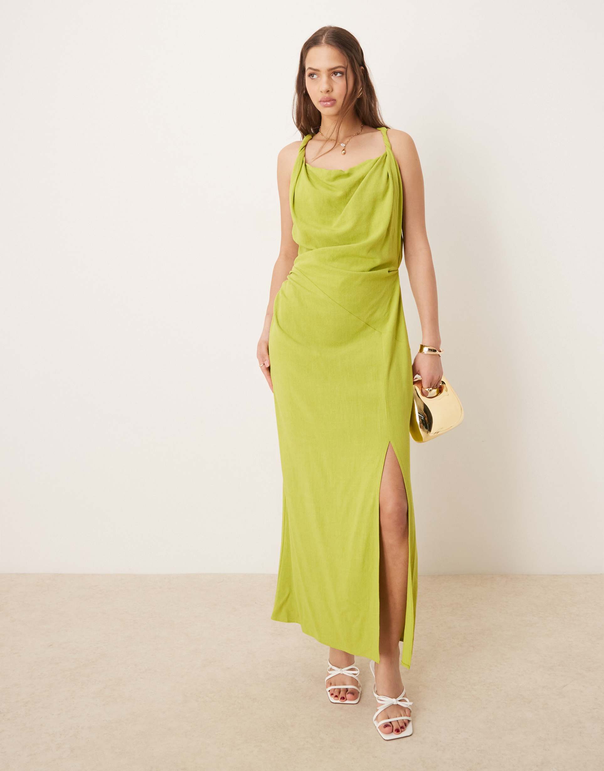 asos design linen twist shoulder detail midi dress with ruching in pale green