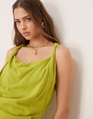 Asos Design Linen Twist Shoulder Detail Midi Dress With Ruching