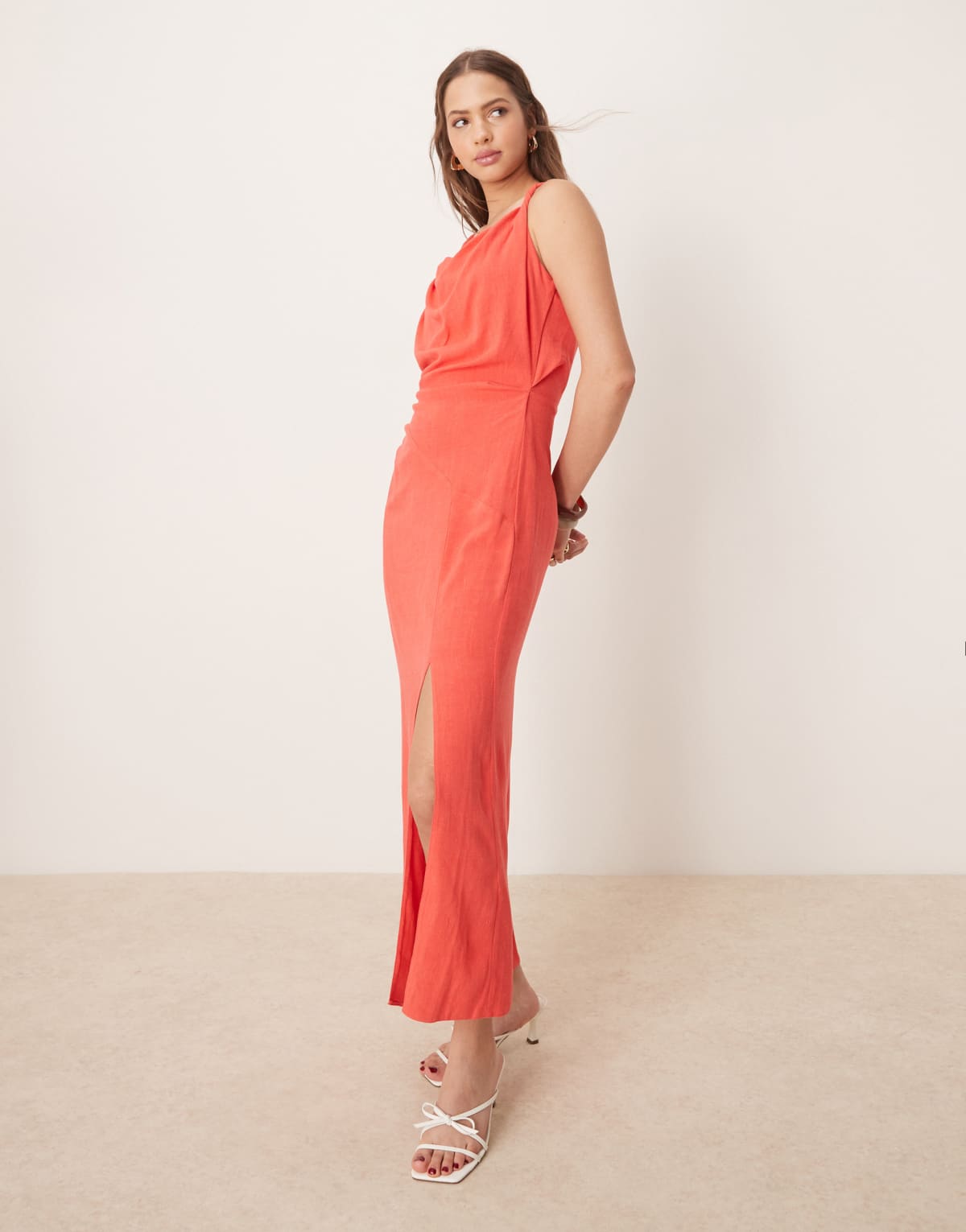 ASOS DESIGN linen twist shoulder detail midi dress with ruching in poppy red