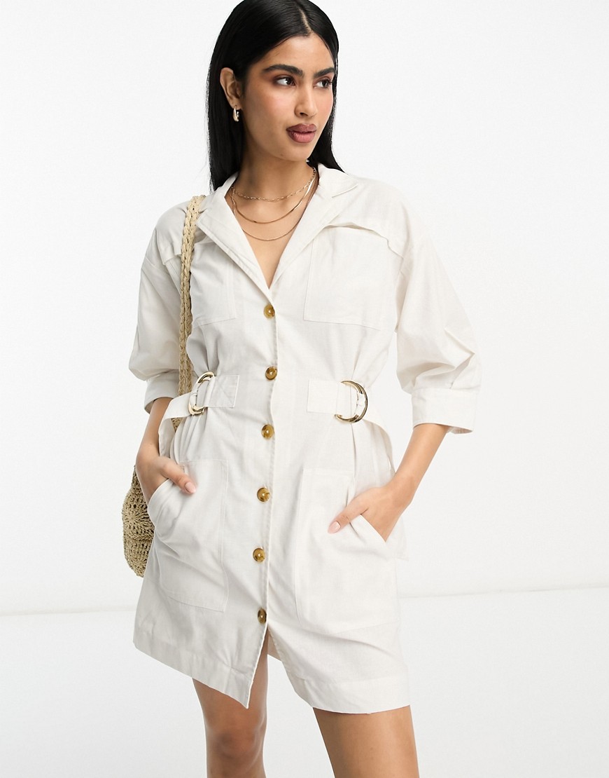 ASOS DESIGN linen utility batwing shirt mini dress with nipped in waist in ivory-White