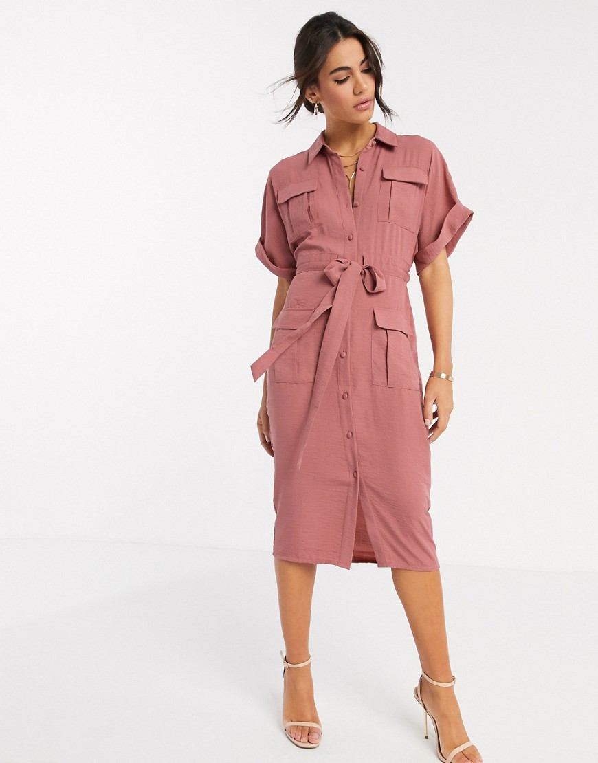 Asos Design Linen Utility Button Through Shirt Midi Dress With Drawstring Waist In Rose-pink