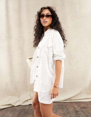 ASOS DESIGN utility co-ord shirt with linen in white