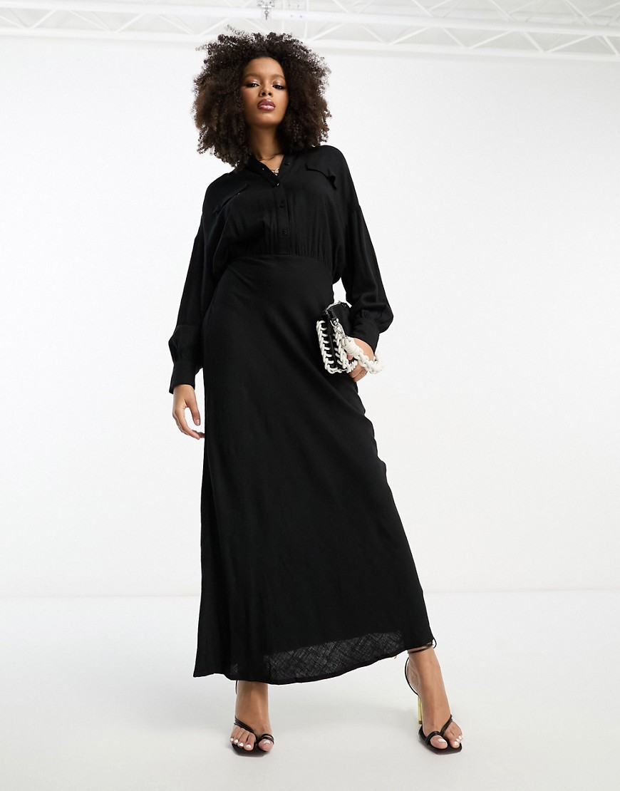 Asos Design Linen Utility Maxi Belted Shirt Dress In Black