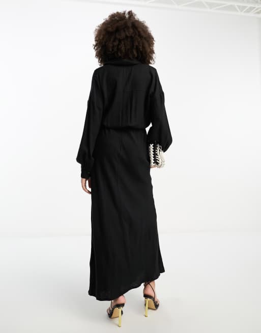 ASOS DESIGN linen utility maxi shirt dress in black