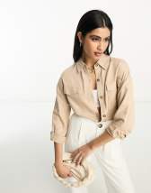 ASOS DESIGN Petite utility suit shirt with linen in neutral | ASOS