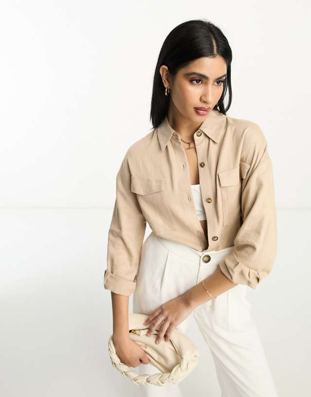 ASOS DESIGN linen utility shirt in neutral