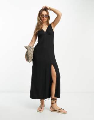 Asos Design Linen V Neck Maxi Slip Sundress In Black